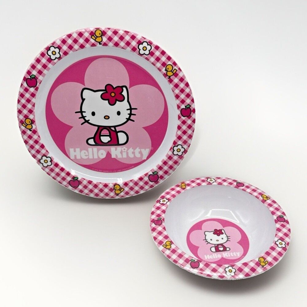 Vintage 2001 Sanrio Hello Kitty Trudeau Melamine Plate Bowl Set Pink Checkered